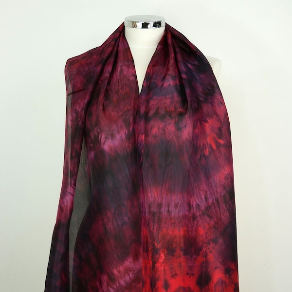 Red black silk scarf Black Rose Red shibori scarf Handmade silk scarf Red silk scarf women Long silk scarf Gift for wife Birthday gift mum