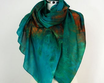 Emerald green silk scarf Emerald Maze Large green silk scarf uk Handmade silk shawl green orange brown 50th Birthday gift her Christmas