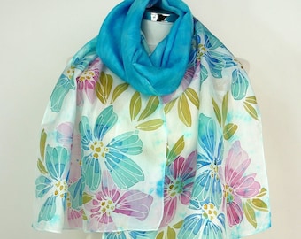 Turquoise silk scarf handmade Turquoise Flowers Hand painted silk scarf oblong Blue silk scarf floral Birthday silk gift uk for mothers day