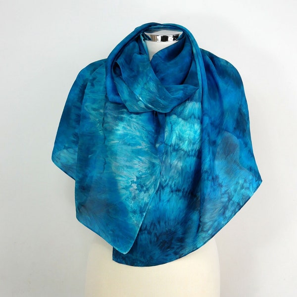 Teal blue silk scarf women Sea Waves Large hand dyed blue scarf Blue teal navy shibori Silk blue shawl for beach 20th birthday gift sister