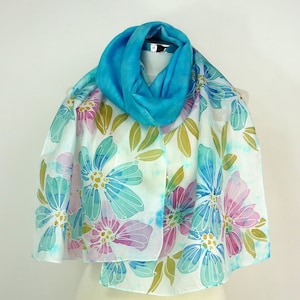 Turquoise silk scarf handmade Turquoise Flowers Hand painted silk scarf oblong Blue silk scarf floral Birthday silk gift uk for mothers day
