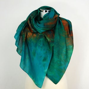 Emerald green silk scarf Emerald Maze Large green silk scarf uk Handmade silk shawl green orange brown 50th Birthday gift her Christmas