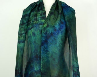 Dark green blue silk scarf Jungle Oblong silk scarf women Hand dyed silk scarf green Birthday silk gift Navy green scarf uk Handmade scarf