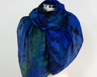 Green blue silk scarf large Blue Jungle Hand dyed silk shawl green blue Evening silk wrap for wedding 30th Birthday gift for partner uk