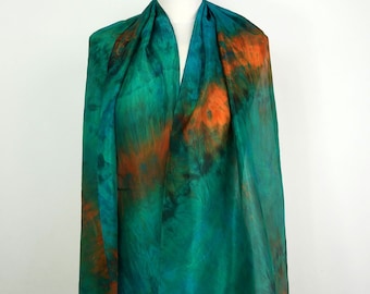 Green silk scarf Emerald maze Self gift uk Hand dyed silk scarf Birthday gift her Lightweight silk scarf Brown orange green scarf silk women