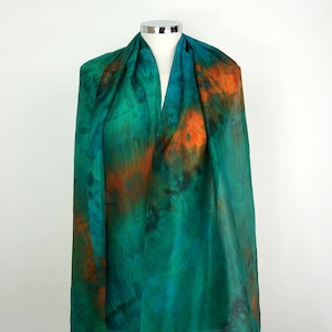 Green silk scarf Emerald maze Self gift uk Hand dyed silk scarf Birthday gift her Lightweight silk scarf Brown orange green scarf silk women image 1