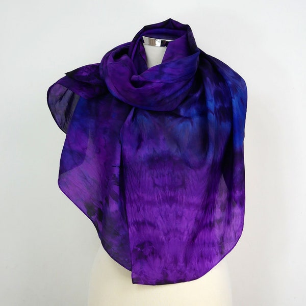 Purple blue silk scarf Night In Venice hand dyed large silk wrap violet blue black, gift for her, blue black violet silk scarf woman purple