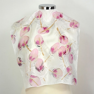 White pink silk square scarf women Pink Feathers Hand painted silk neckerchief Small silk scarf uk Silk scarf feathers Birthday gift friend