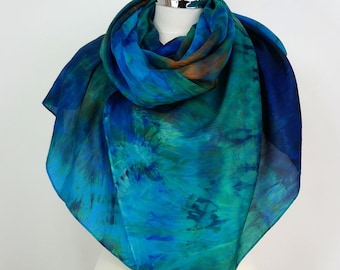 Blue green silk scarf Ocean Escape Large blue shawl Blue silk sarong Summer silk wrap blue orange Evening silk scarf Birthday gift for her