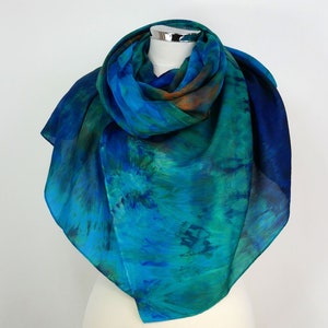 Blue green silk scarf Ocean Escape Large blue shawl Blue silk sarong Summer silk wrap blue orange Evening silk scarf Birthday gift for her