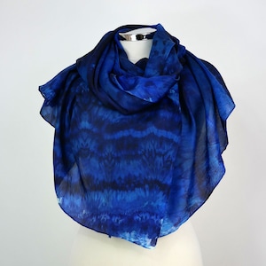 Indigo Dream dark blue silk scarf, hand dyed blue scarf, navy blue silk sarong, shibori dark blue silk shawl, oversized blue silk scarf