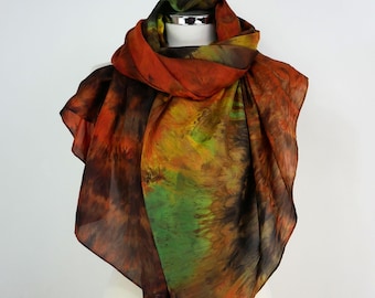 Brown green yellow Silk scarf oversized Green Walnut Hand dyed silk scarf Brown green orange silk shawl 60th Birthday gift Silk Anniversary
