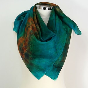 Green silk scarf square Emerald Maze Emerald green scarf Green brown orange silk square scarf Green silk bandana scarf Birthday gift mum image 1