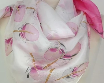Pink silk scarf square Pink Feathers Handpainted silk scarf pink Unique silk square scarf 50th Birthday gift friend Pink gift uk Anniversary