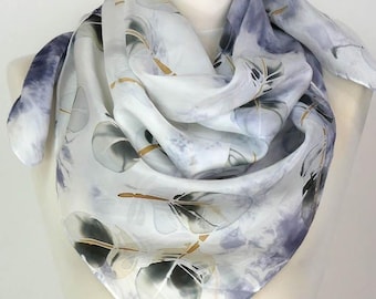 Grey silk scarf square Grey feathers Silk scarf women Square silk scarf uk Hand painted silk scarf Mum Birthday gift wife Silk gifts her uk