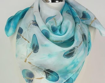 Turquoise silk scarf square Turquoise feathers Hand painted silk scarf feathers Blue navy Birthday gift wife Summer silk scarf Mothersday