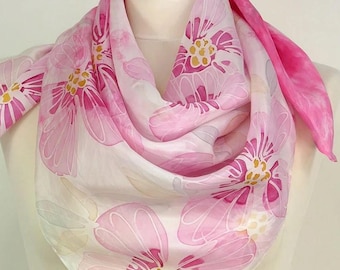 Pink silk scarf square Pink Flowers Hand painted silk scarf floral handmade Unique silk gift Birthday gift her Pink square silk scarf uk