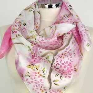 Pink silk scarf square uk Cherry Blossom Tree Hand painted scarf floral Square silk scarf pink green 50 Birthday gift wife Anniversary gift