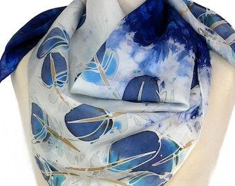 Blue silk scarf square Blue feathers Silk scarf women Square silk scarf uk Hand painted silk scarf navy Birthday gift wife Silk gift her