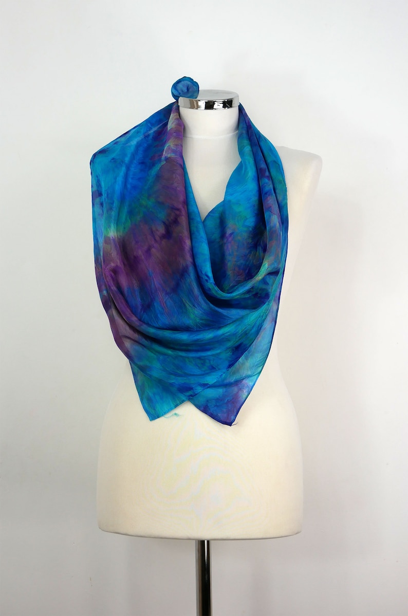 Blue silk scarf square Atoll Blue purple green silk scarf women Hand dyed square scarf Birthday gift mum Silk gifts uk Summer silk scarf uk image 5