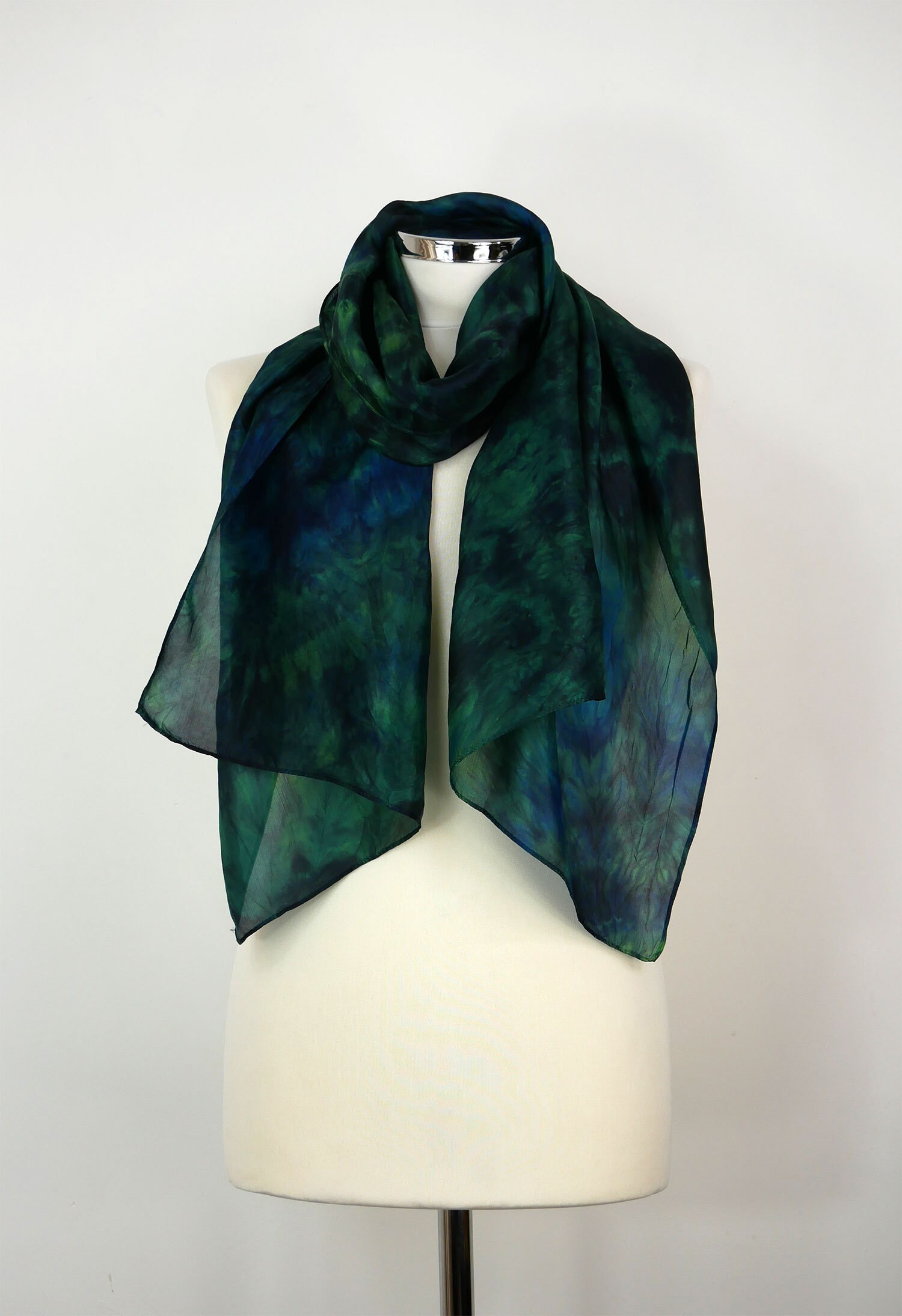 Dark green blue silk scarf Jungle Oblong silk scarf women Hand Etsy