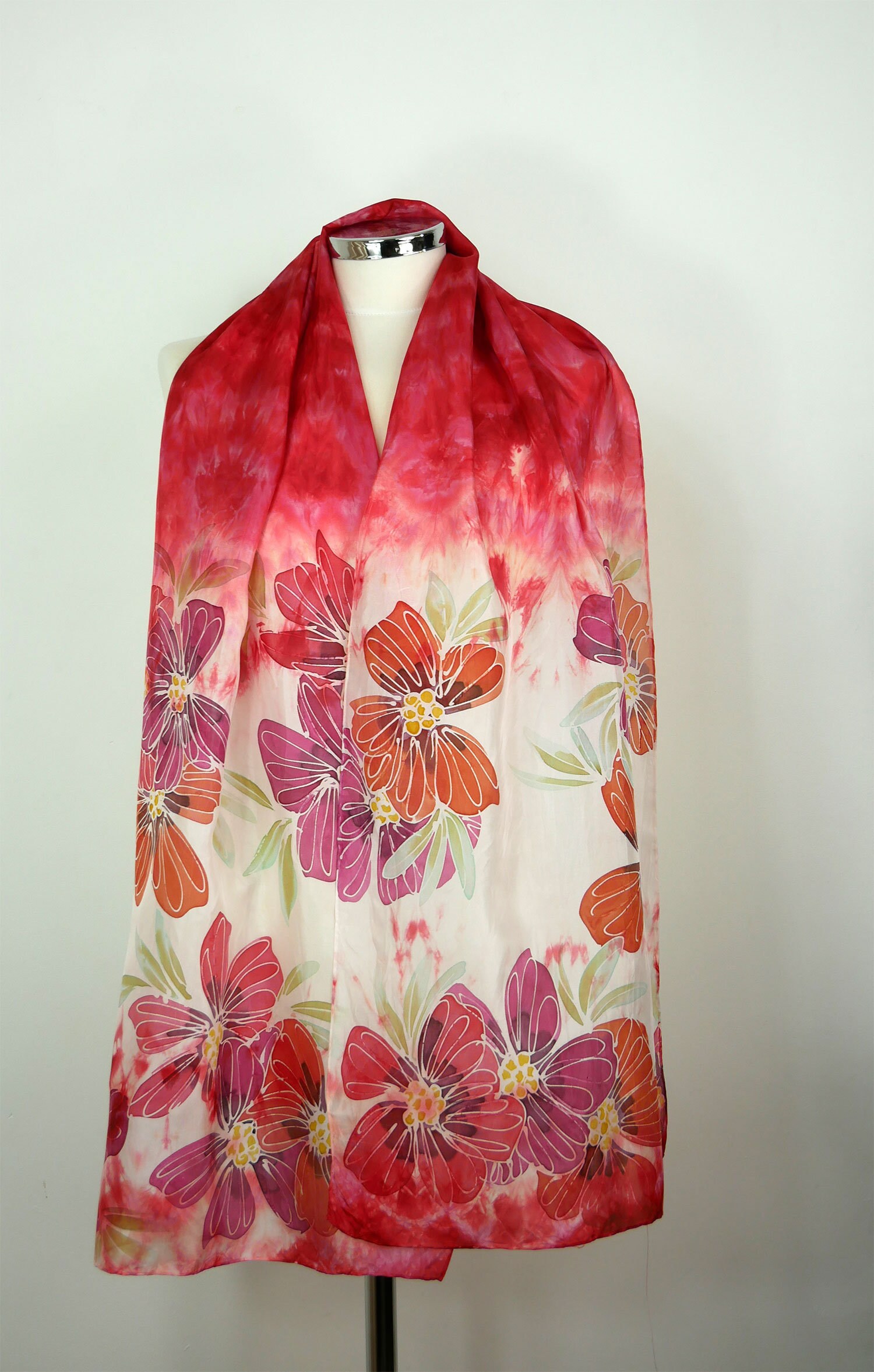 Red silk scarf women Red Flowers Hand painted silk scarf red Etsy