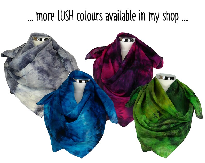 May include: Four silk scarves in different colours: grey, blue, purple, and green. Each scarf has a tie-dye pattern with shades of the main colour.