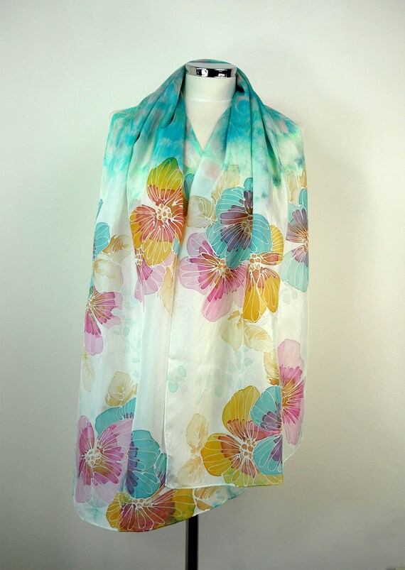 インド製 花鳥柄シルクスカーフ ターコイズ ターコイズシルクスカーフ