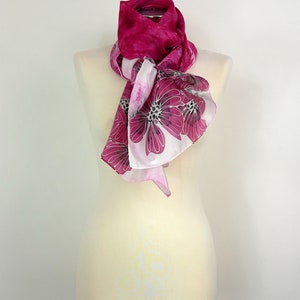 Hand Printed Magenta Scarf with Large Blue Flowers