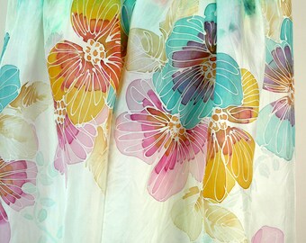 ターコイズ花柄シルクスカーフ ターコイズシルクスカーフ ターコイズフラワー 手描きシルクスカーフ