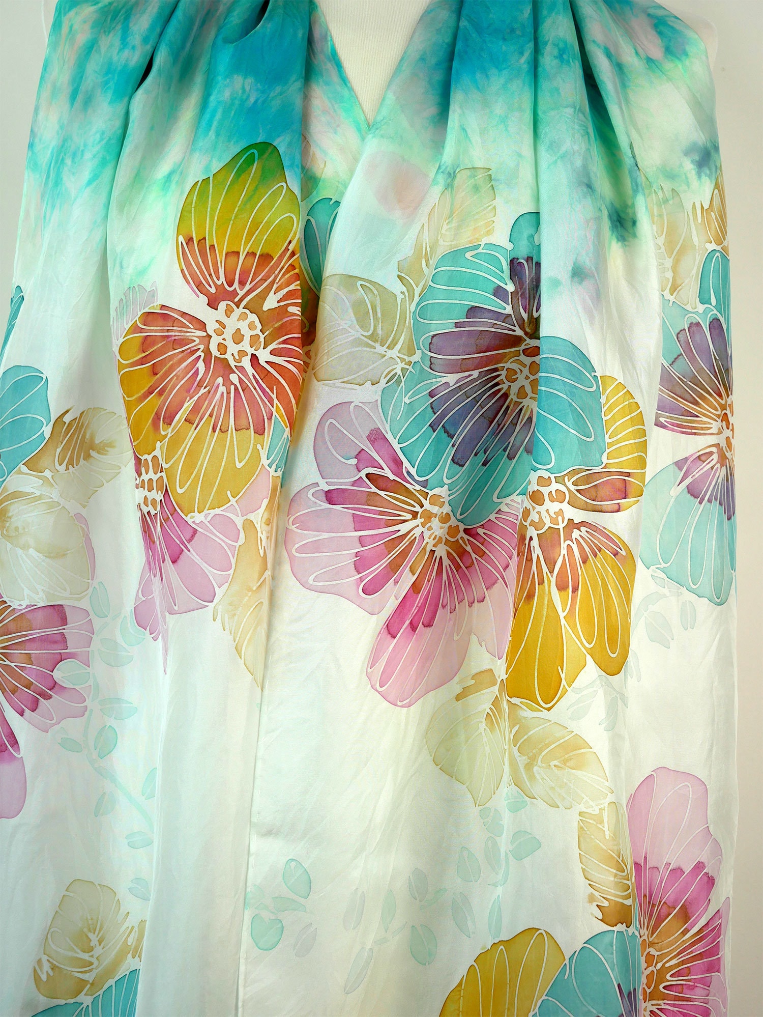 ターコイズシルクスカーフ ターコイズフラワー 手描きシルクスカーフ