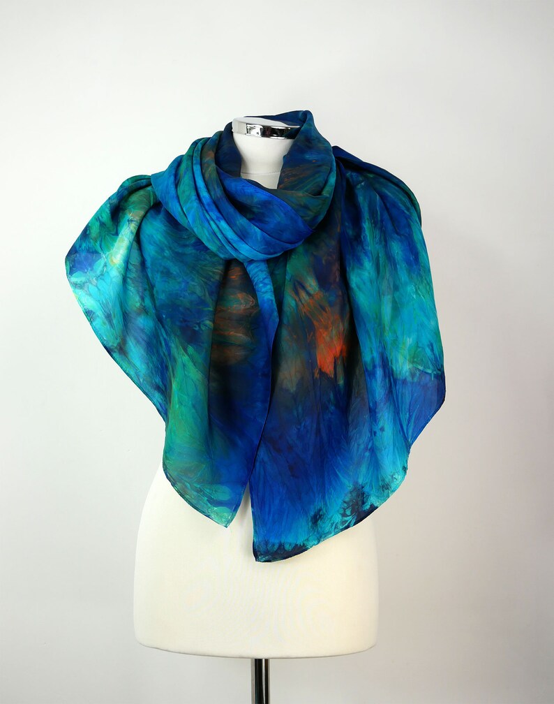 Blue green silk scarf Ocean Escape Large blue shawl Blue silk | Etsy