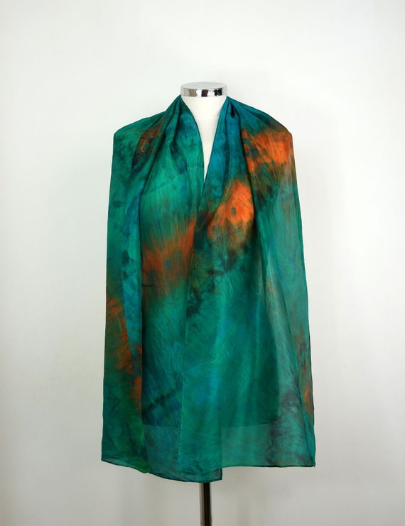 Green silk scarf Emerald maze Self gift uk Hand dyed silk scarf Birthday gift Lightweight silk scarf Brown orange turquoise scarf silk women