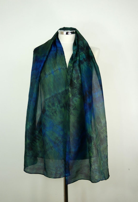 Dark Green Blue Silk Scarf Jungle Oblong Silk Scarf Women Hand - Etsy