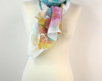 ターコイズシルクスカーフ ターコイズフラワー 手描きシルクスカーフ