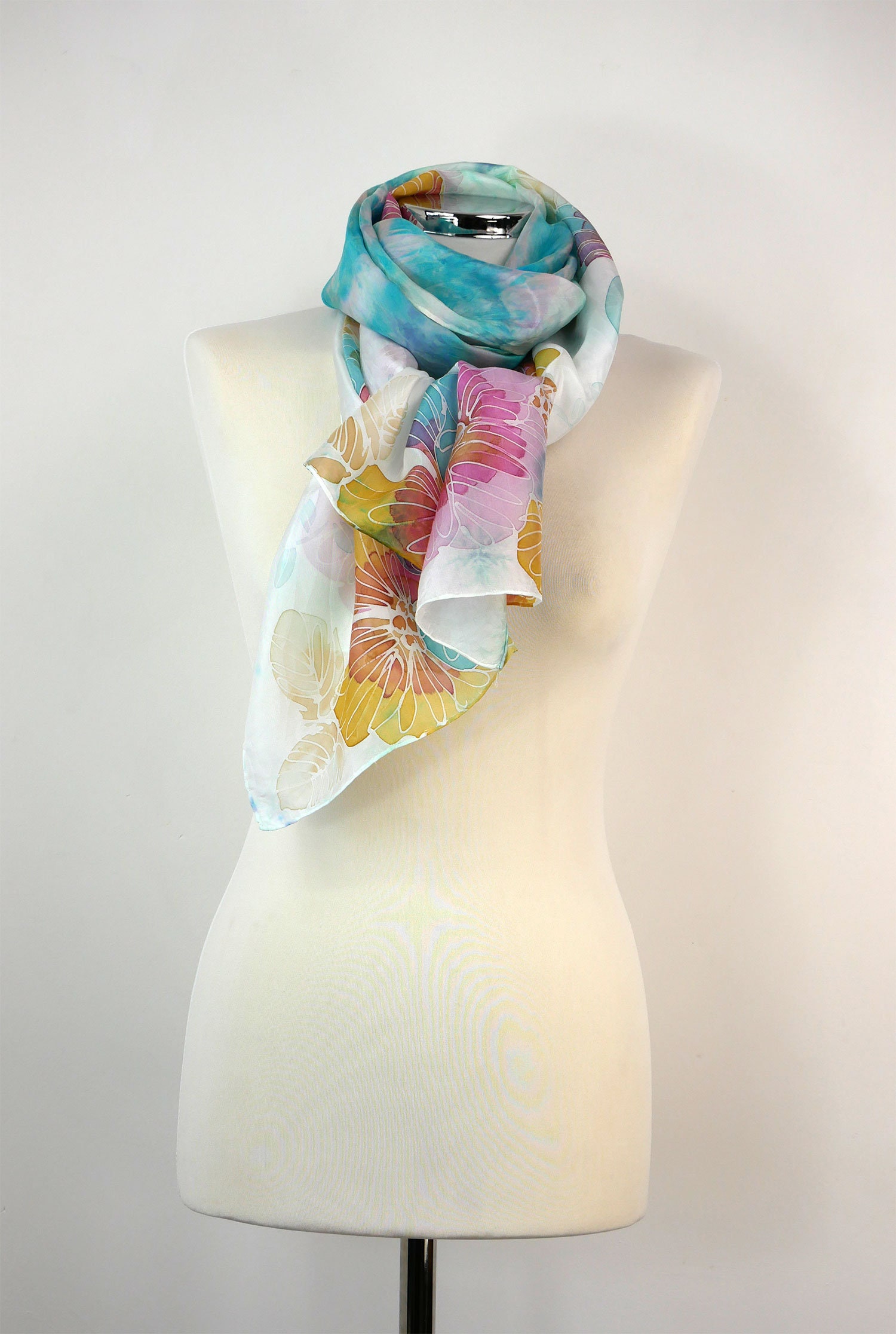 ターコイズシルクスカーフ ターコイズフラワー 手描きシルクスカーフ