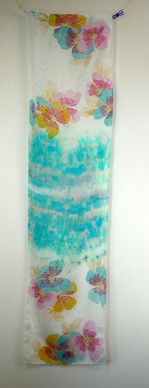 ターコイズシルクスカーフ ターコイズフラワー 手描きシルクスカーフ