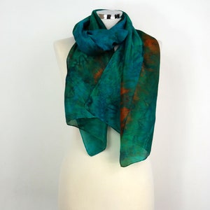 Green silk scarf Emerald maze Self gift uk Hand dyed silk scarf Birthday gift her Lightweight silk scarf Brown orange green scarf silk women zdjęcie 5