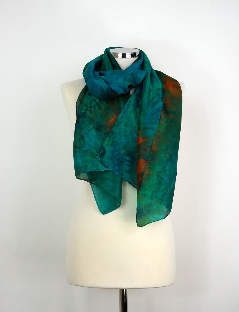 Green silk scarf Emerald maze Self gift uk Hand dyed silk scarf Birthday gift her Lightweight silk scarf Brown orange green scarf silk women zdjęcie 5