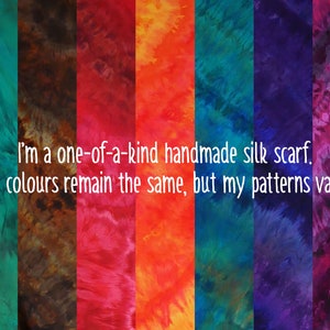 May include: A close-up of six different silk scarves, each with a unique pattern but the same color scheme. The colors are teal, brown, red, orange, blue, and purple. The text on the scarves reads: "I'm a one-of-a-kind handmade silk scarf. My colors remain the same, but my patterns vary."