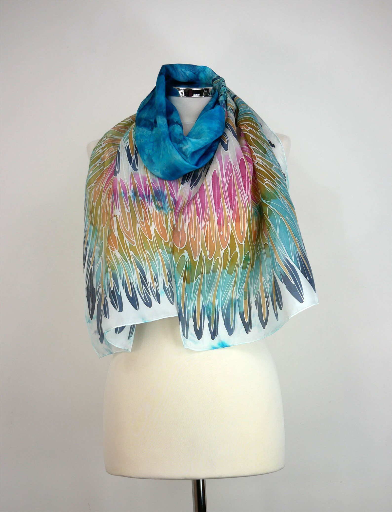 Teal silk scarf hand painted Teal Parrot Turquoise silk scarf oblong Blue silk scarf Birthday gift mum Silk gifts wife Bird wing scarf women