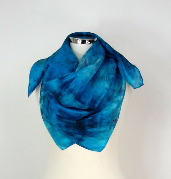 Blue square silk scarf Sea Waves Hand dyed silk scarf Silk scarf women Gift for mum Birthday gift for her Silk scarf square Turquoise scarf
