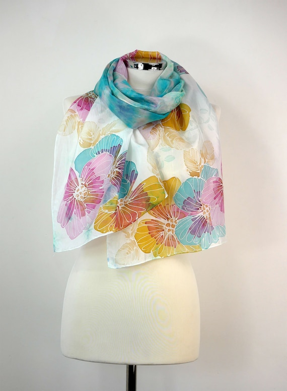 ターコイズシルクスカーフ ターコイズフラワー 手描きシルクスカーフ