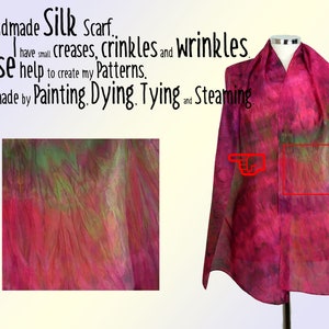 May include: A handmade silk scarf with a pink, green and purple tie-dye pattern. The scarf is made by painting, dyeing, tying and steaming. "I'm Handmade Silk Scarf. Those help to create my Patterns. I'm made by Painting. Dying. Tying and Steaming."