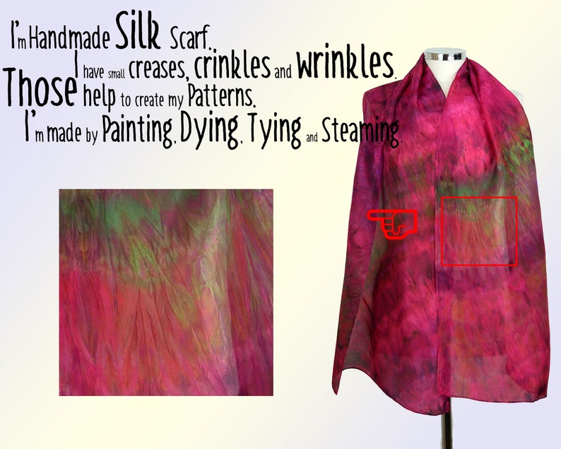 May include: A handmade silk scarf with a pink, green and purple tie-dye pattern. The scarf is made by painting, dyeing, tying and steaming. "I'm Handmade Silk Scarf. Those help to create my Patterns. I'm made by Painting. Dying. Tying and Steaming."