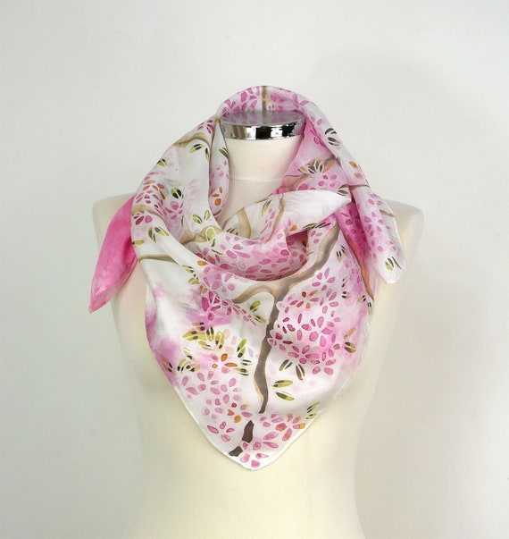 Pink silk scarf square uk Cherry Blossom Tree Hand painted scarf floral Square silk scarf pink green 50 Birthday gift wife Anniversary gift