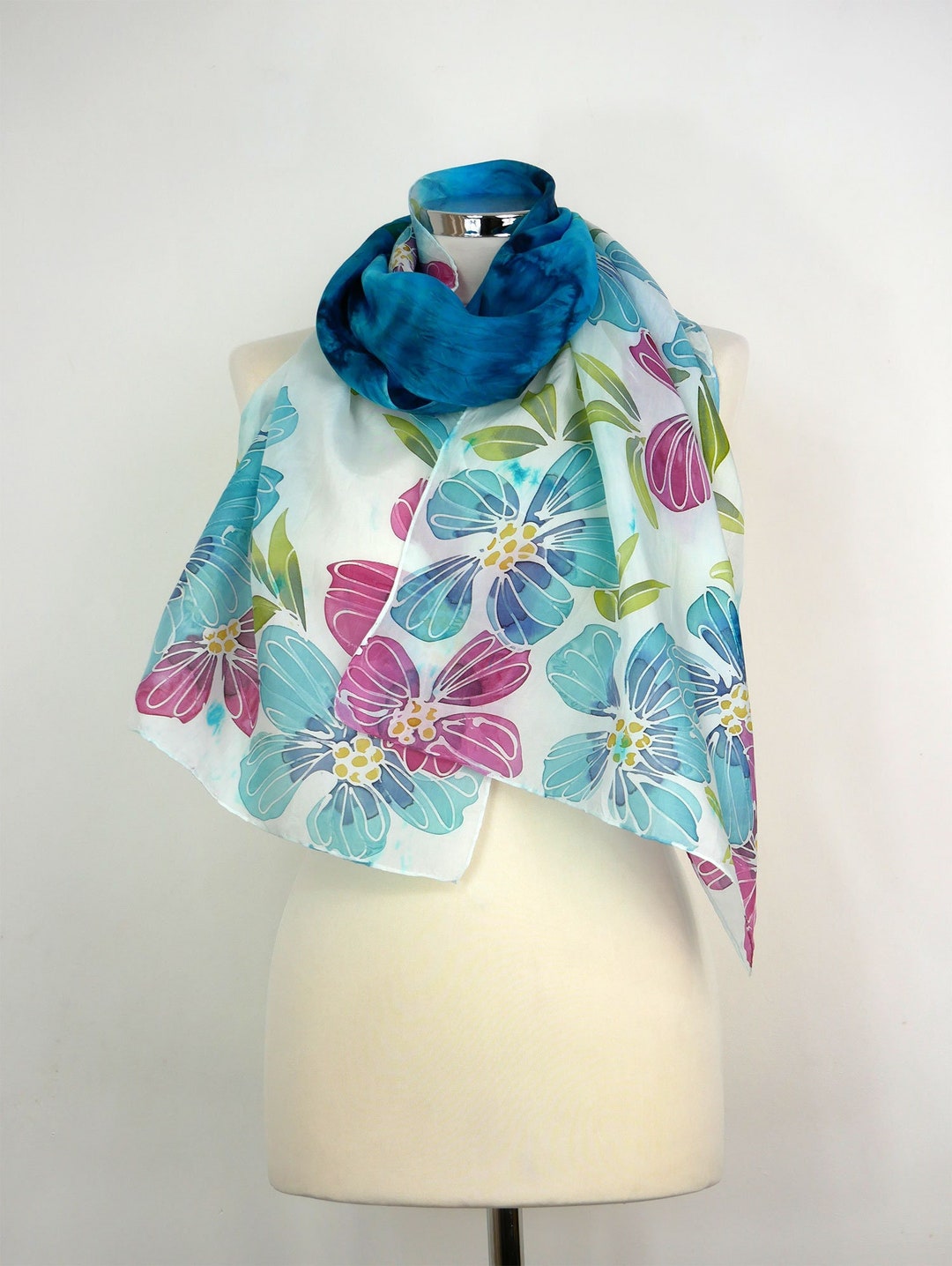 Teal Blue Silk Scarf Teal Flowers Hand Painted Silk Scarf Floral Pink ...