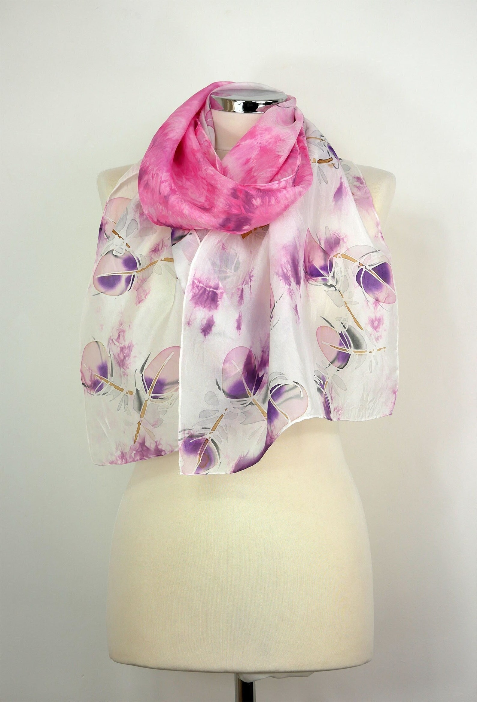Pink silk scarf women Pink Fearthers Oblong silk scarf hand painted Purple pink scarf handmade 50th birthday gift her Wedding scarf silk her