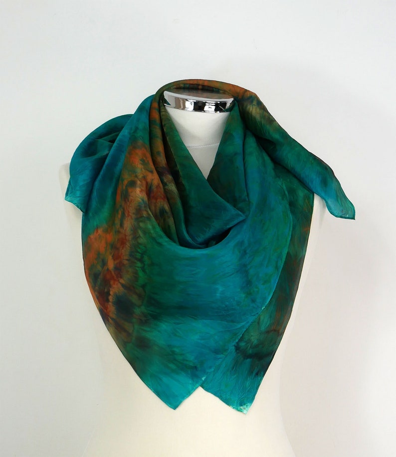 Green silk scarf square Emerald Maze Emerald green scarf Green brown orange silk square scarf Green silk bandana scarf Birthday gift mum image 1