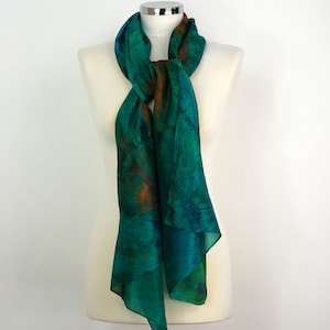 Green silk scarf Emerald maze Self gift uk Hand dyed silk scarf Birthday gift her Lightweight silk scarf Brown orange green scarf silk women zdjęcie 3